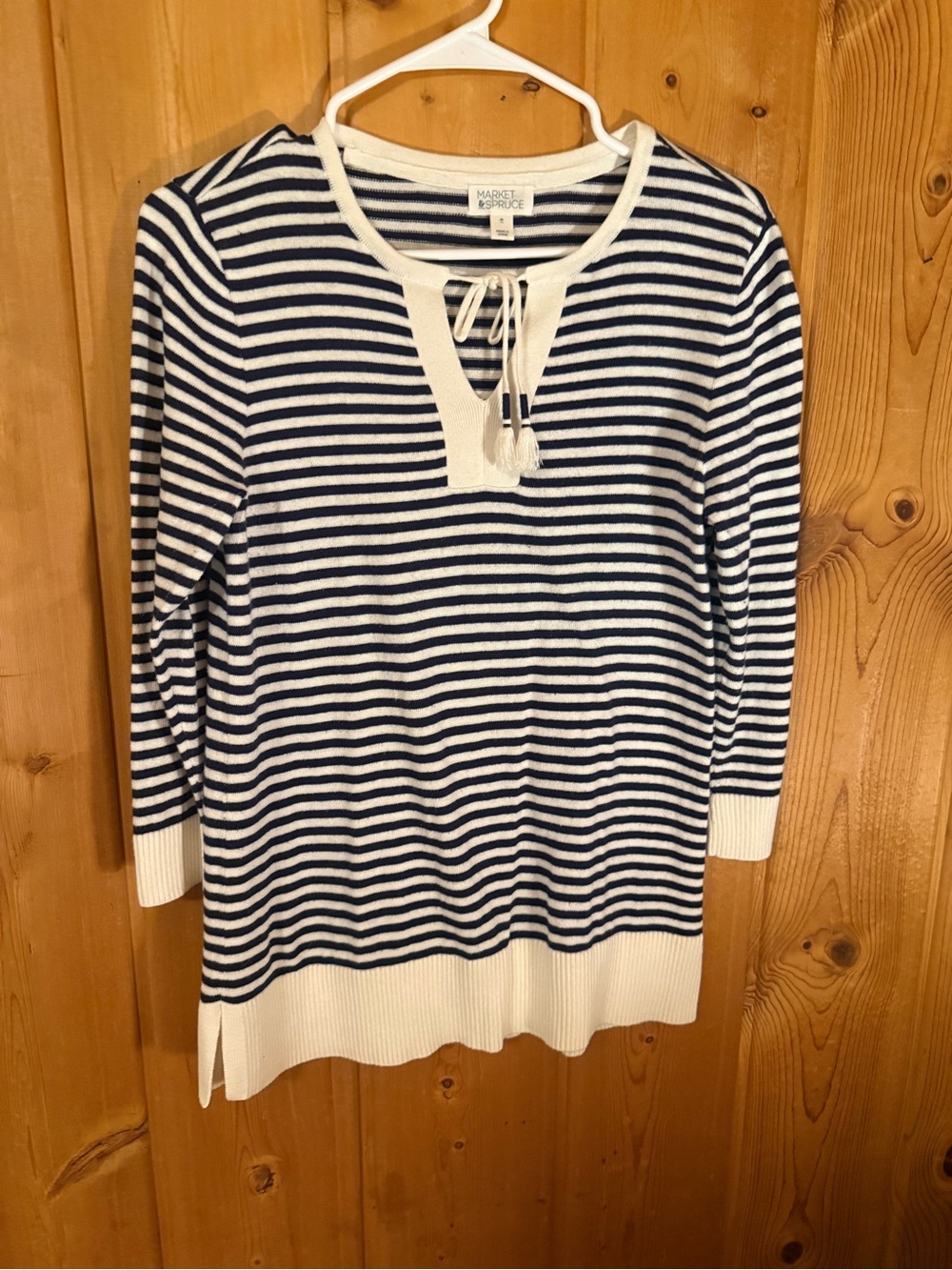 Market & Spruce Navy and White Striped Tie-Neck Sweater